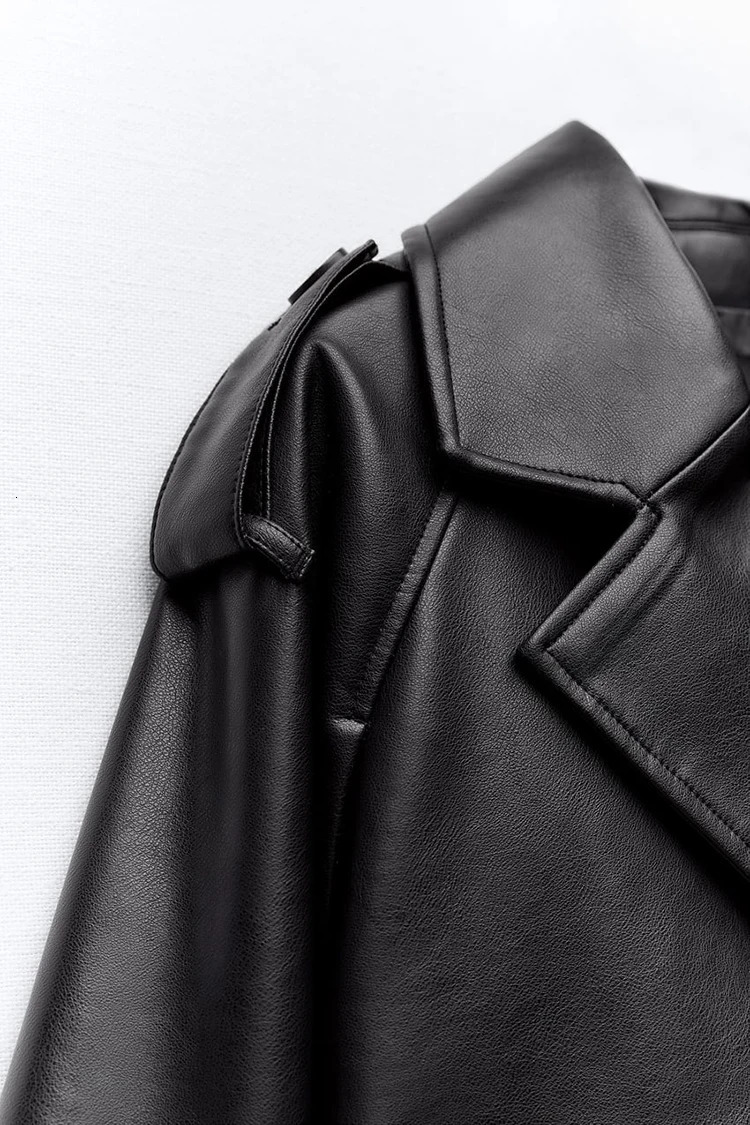 Womens Jackets Autumn Spring Oversized Cropped Faux Leather Trench Jacket Lapel Collar Long Sleeves PU With Belt Motocycle Biker Female 231018