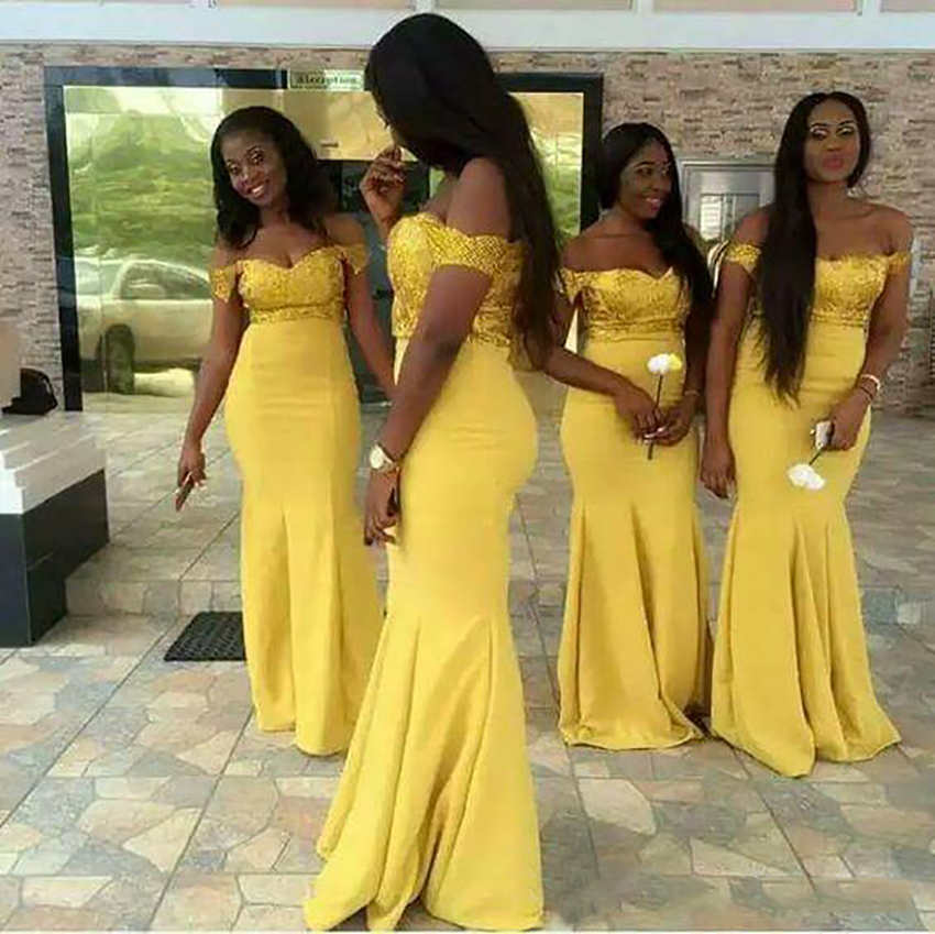 2023 Charming Yellow Lace Bridesmaid Dresses Cap Sleeves Mermaid Satin Floor Length Modest Formal Prom Bridesmaids Gowns