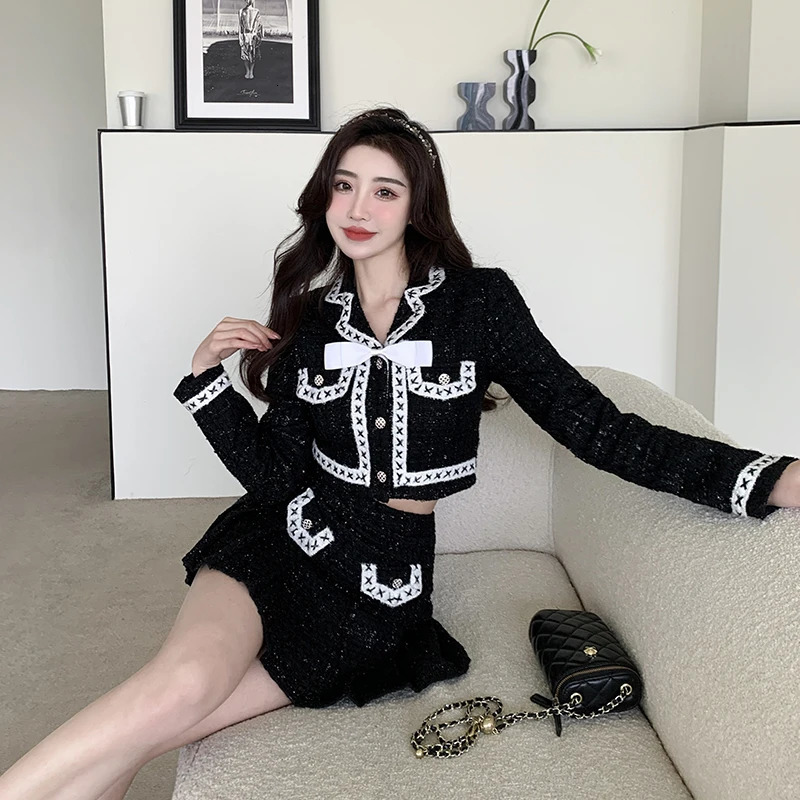 Two Piece Dress Fashion Small Fragrance Y2k Black Pieces Set Women Shorts Jackets Mini Pleated Skirts Outfits Ins Korean Suit 231018