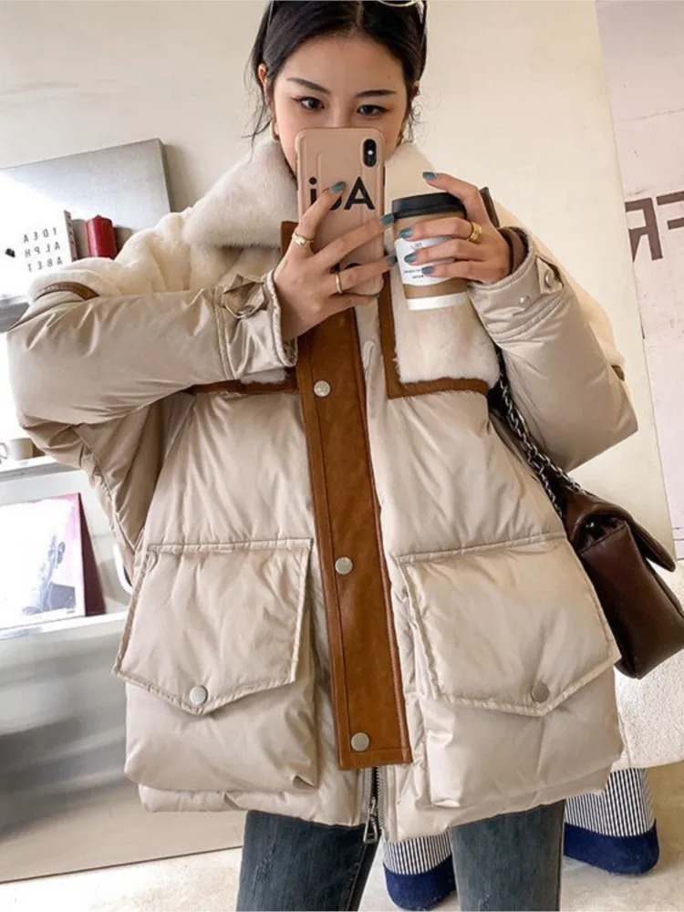 Womens Down Parkas Jacket Women Patchwork Doublefaced Fur Mink Collar MidLength Parka White Duck Casual Coat 231018