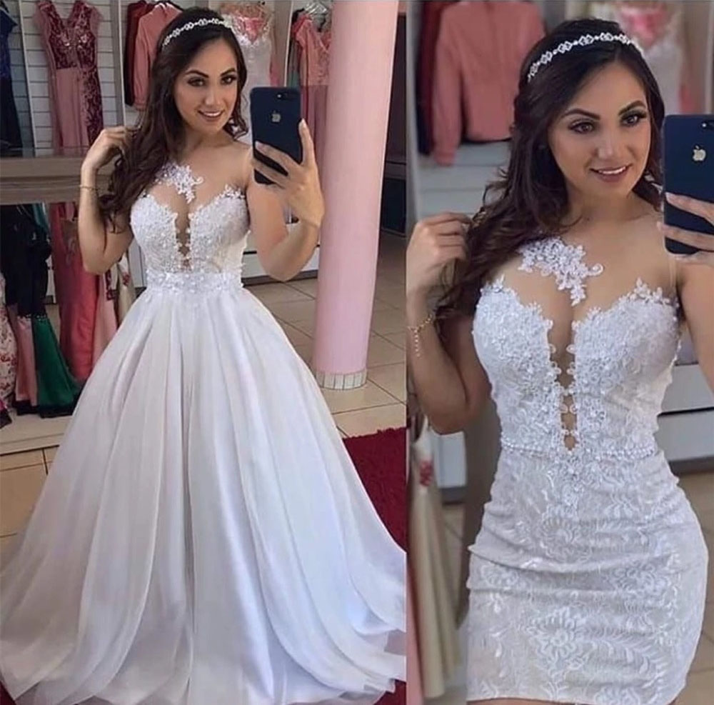 Wedding Dresses White Bridal Gowns Chiffon Ivory O-Neck New Zipper Plus Size Custom Lace Up Floor-Length Sleeveless A Line Illusion Two Pieces