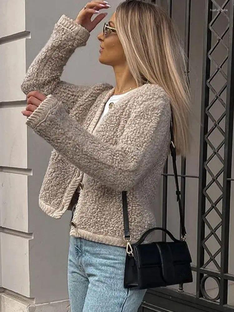 Womens Jackets Lamb Wool Coats Women Sweater Single Breasted O-neck Elegant Autumn Winter Jacket Female Long Sleeve Tops Lady Commuting