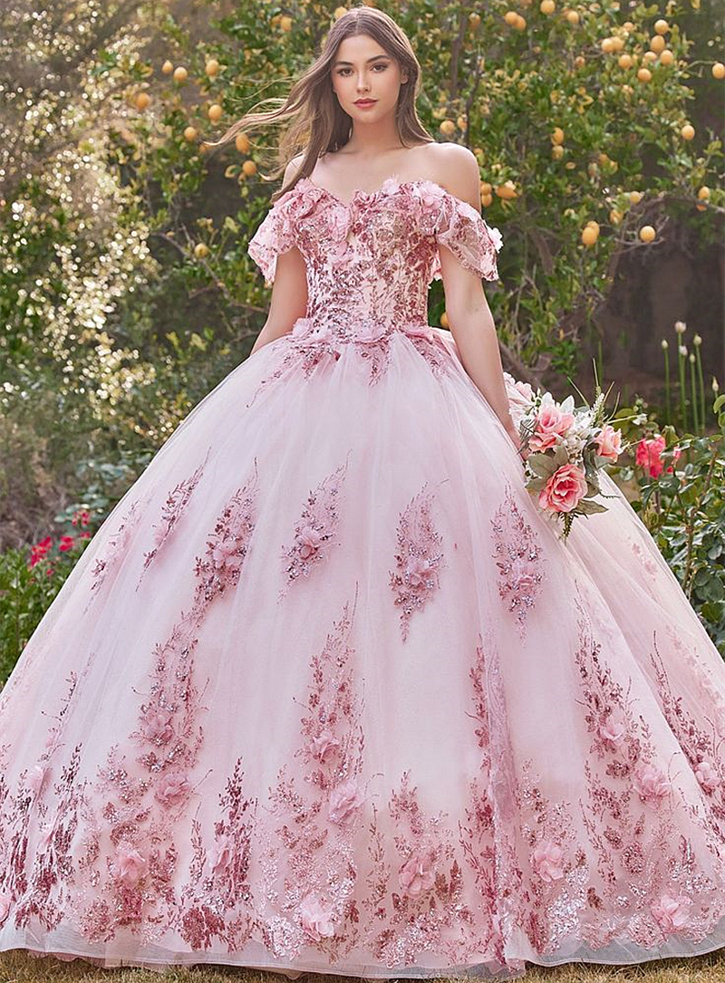 Pink Floral Applique Quinceanera Dresses With Bow Back Off Shoulder Flowers Long Princess Sweet 16 Dress For Girls 2026 Gorgeous Prom Special Occasion