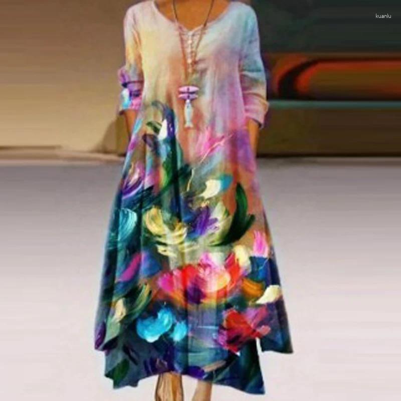 Casual Dresses Women Spring Printed Loose Bohemia Party Dress Female Pockets Irregularity Long SleevedDresses Ethnic Retro Harajuku