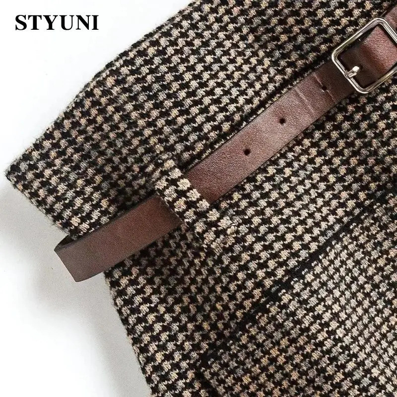 Skirts Houndstooth Plaid Brown Vintage Knitted Woolen Womens Skirt Autumn High Waist Belt ALine MidCalf Long For Women 231019