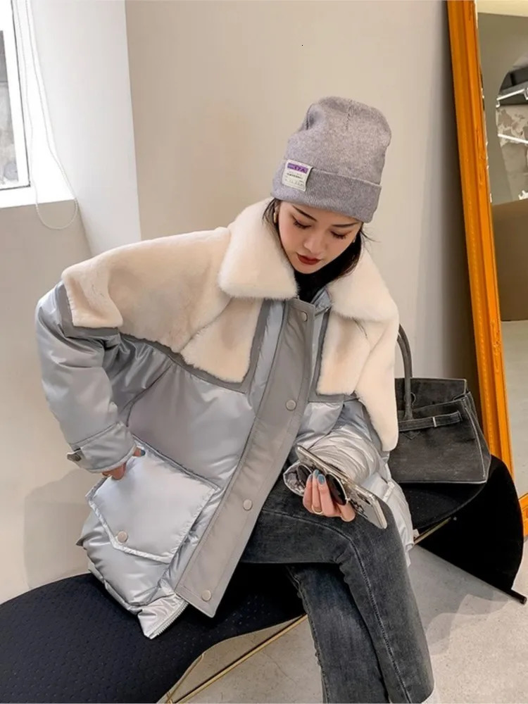 Womens Down Parkas Jacket Women Patchwork Doublefaced Fur Mink Collar MidLength Parka White Duck Casual Coat 231018