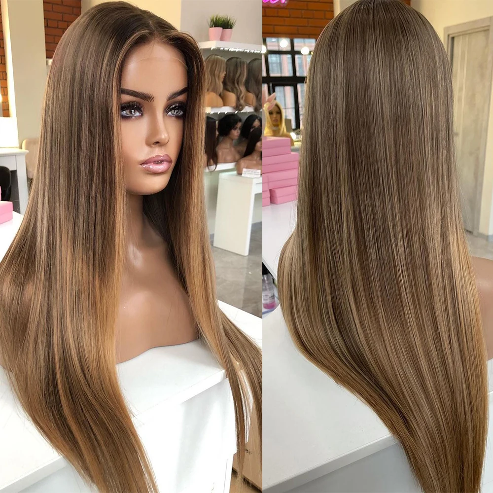 Peruvian Hair Light Brown Blonde Full Lace Front Human Hair Wigs Highlight HD Lace Frontal Wigs 180% Cheap Virgin Hair Silky Straight Wigs for Women