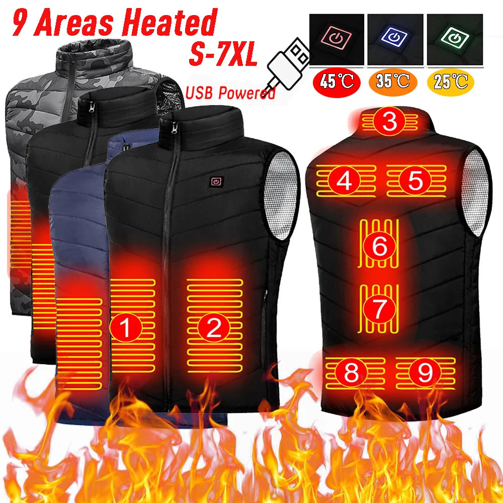 Mens Vests Electric Heated 9 Areas Zones Vest Jackets Sportswear Coat Graphene Heat USB Heating Jacket For Camping 231019