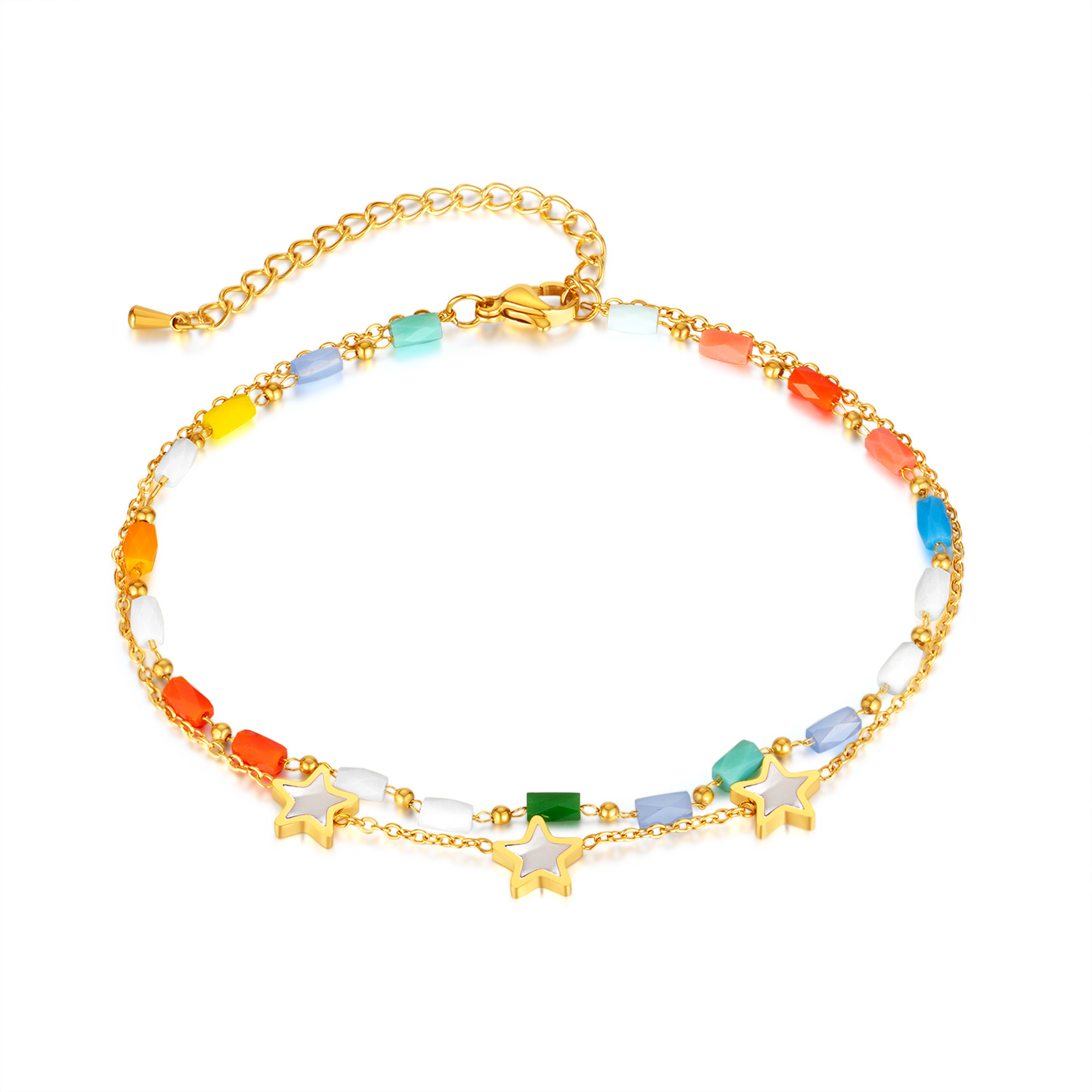 Women Girls Fine Anklet Bracelet Stainless Steel Peart Oysters Star Link Chain Accessories Simple Double Boho Style Jewelry Extension Chain 8.66inch+6