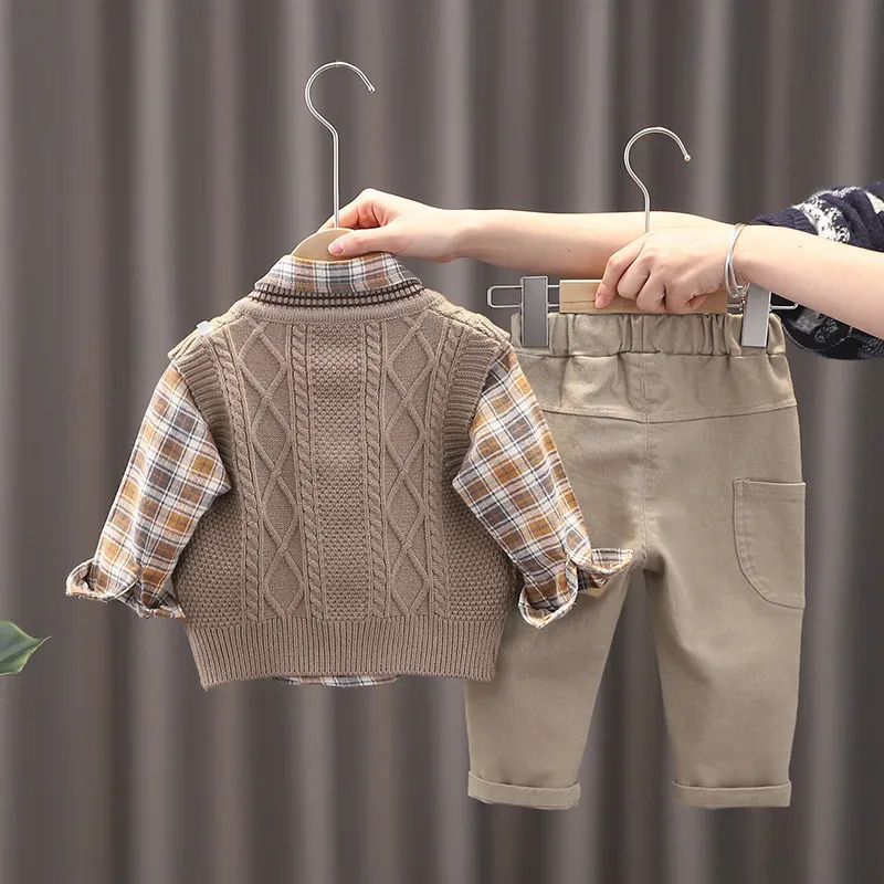 Clothing Sets Baby Boy Clothes Mother Kids Spring Clothing Sets Sweater Vest 3pcs Toddler Pants Cotton Korean Version of Children's Set Suit 2310