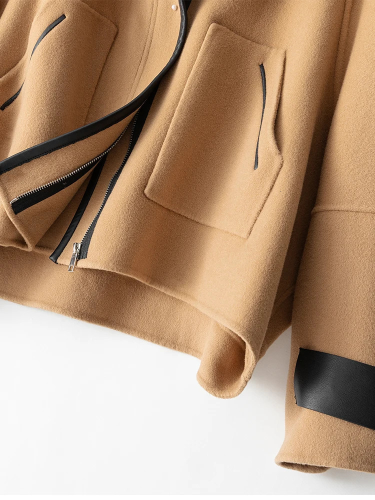 Womens Wool Blends Autumn and Winter Genuine Leather Edge Coat Pure Color Matching Short Shopping AllMatch Top 231018
