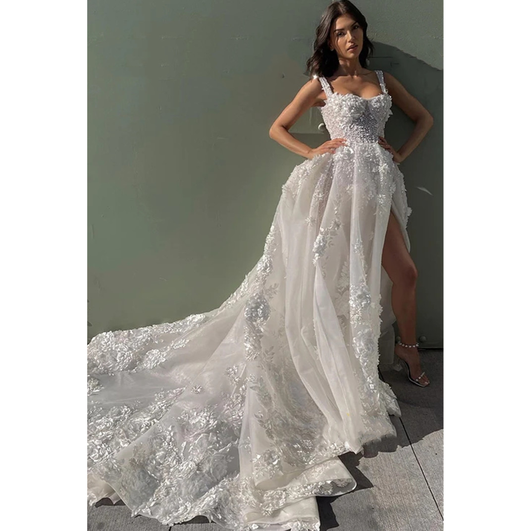Boho Princess Wedding Dress Women Gorgeous Sleeveless Lace Appliques Pleats A Line Bridal Gown Sweep Train