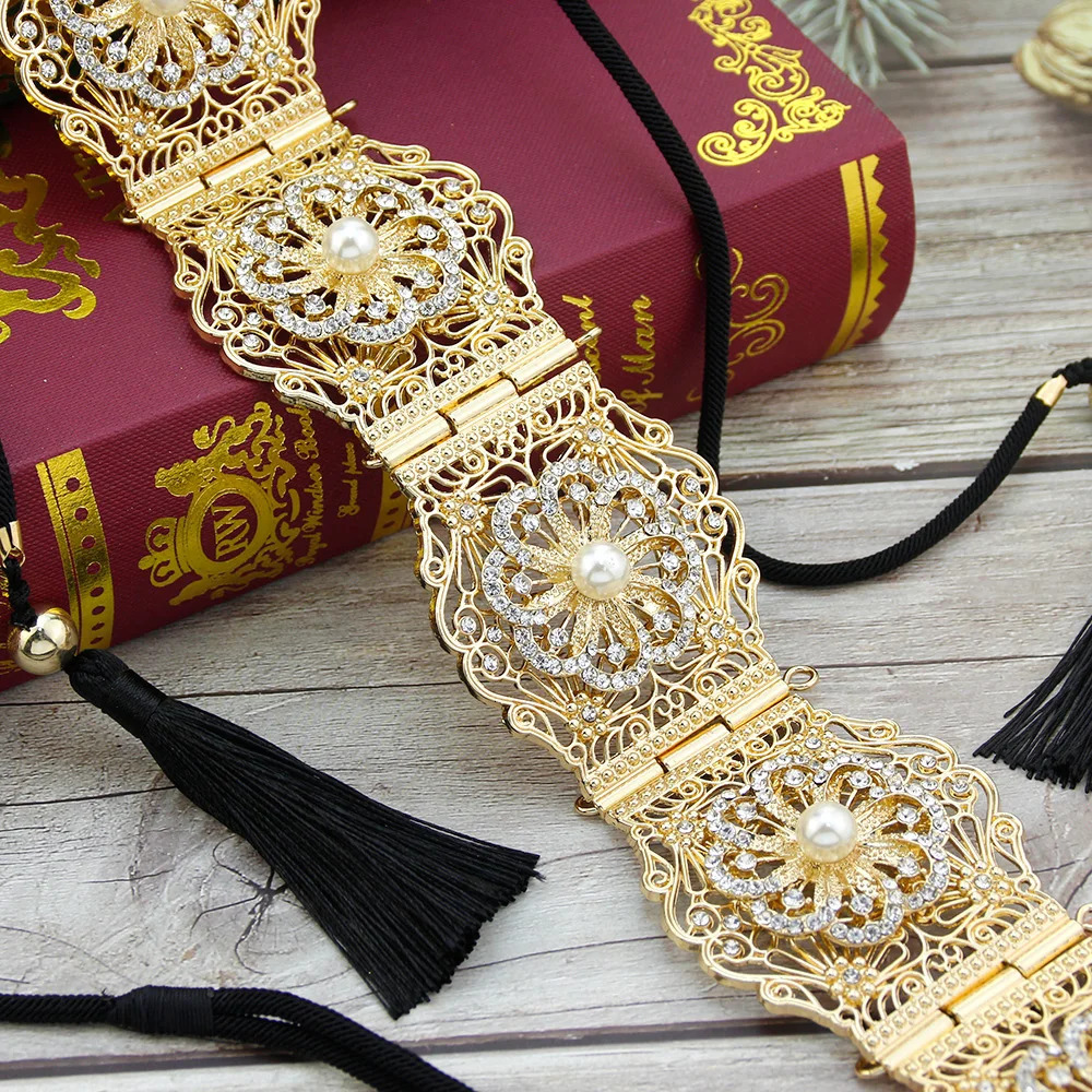 Other Fashion Accessories Neovisson Morocco High Quality Belt Elegent Gold Color Crystal Pearl Hand Rope Waist Chain Caftan Belt Arabic Bride Jewelry 
