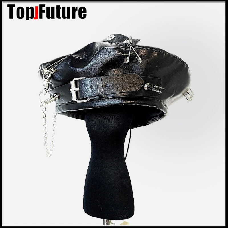Berets Harajuku Gothic Lolita Leather Devil Beret hat Cap Autumn Winter Y2K Girl Women's Metallic Punk Sharp nail decorative hats 231018