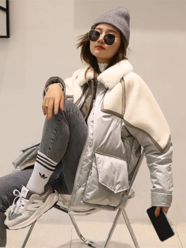 Womens Down Parkas Jacket Women Patchwork Doublefaced Fur Mink Collar MidLength Parka White Duck Casual Coat 231018