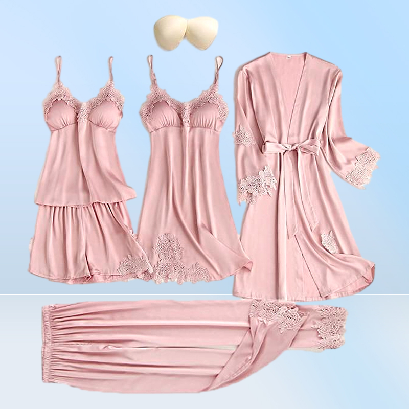 Satin Lace Pajamas Set Women 5PC Strap Top Pants Sleepwear Sleep Suit Spring Autumn Pyjamas Home Wear Nightwear Robe Gown MXXL2086570