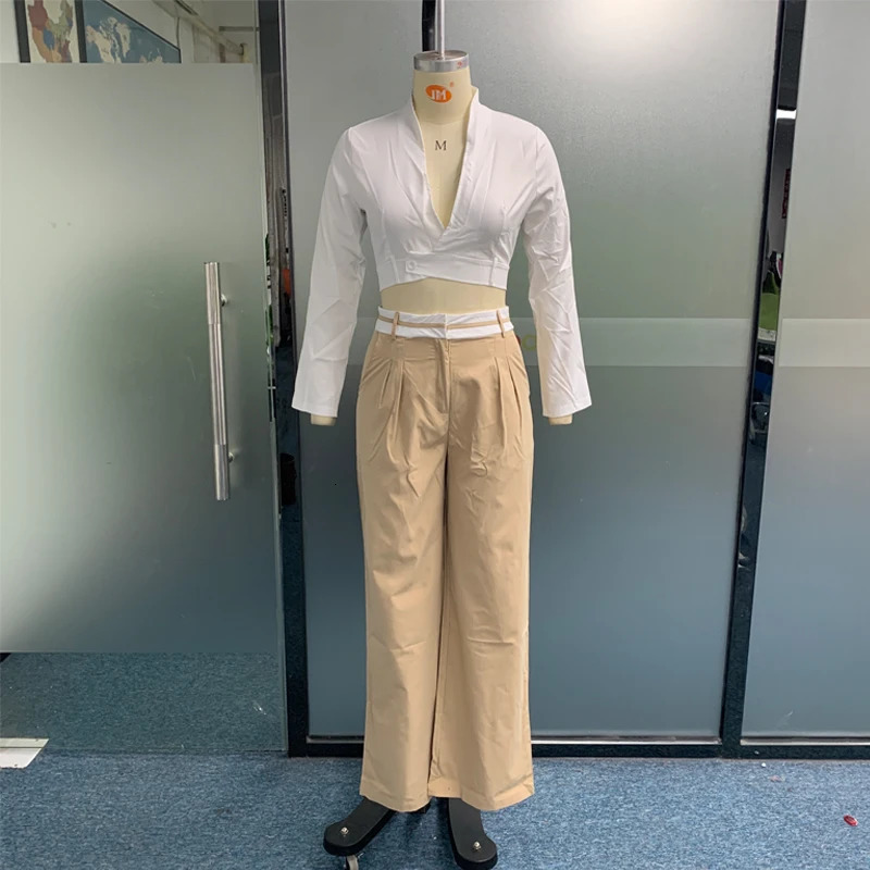 Womens Two Piece Pants BEACHBELE Women Sets Autumn V Neck Long Sleeve Bare Waist White Top Solid Elegant Office Outfit With Pocket 231018