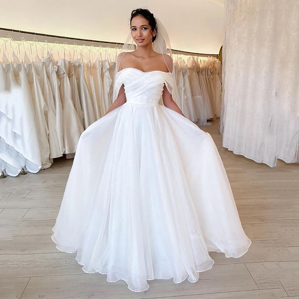 Wedding Dresses White Bridal Gowns Ivory Organza New Zipper Plus Size Custom Lace Up or-Length Sleeveless A e Off-Shoulder Pleat