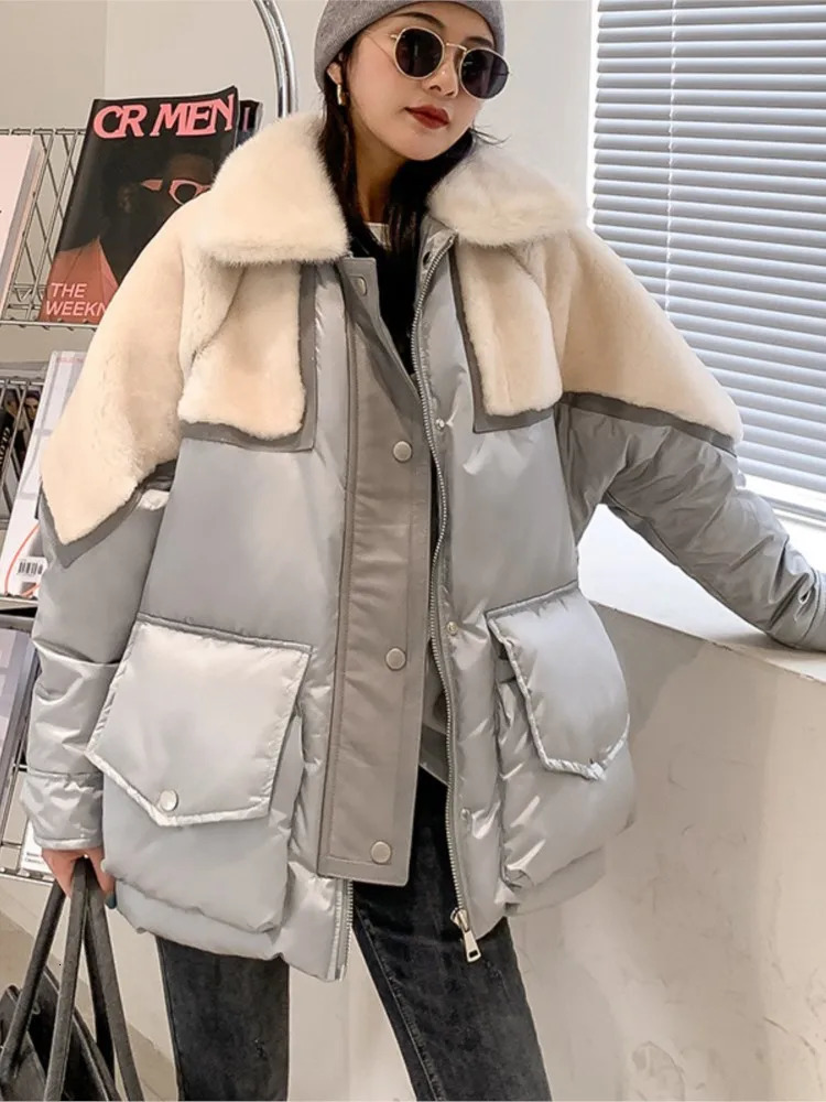 Womens Down Parkas Jacket Women Patchwork Doublefaced Fur Mink Collar MidLength Parka White Duck Casual Coat 231018