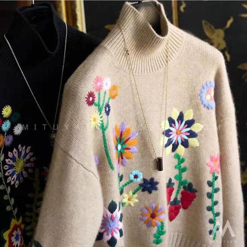 Women's Sweaters Arrival Autumn Winter Women Loose Fit Casual Turtleneck Long Sleeve Pullover Floral Embroidery Knitted Sweater D381 231019