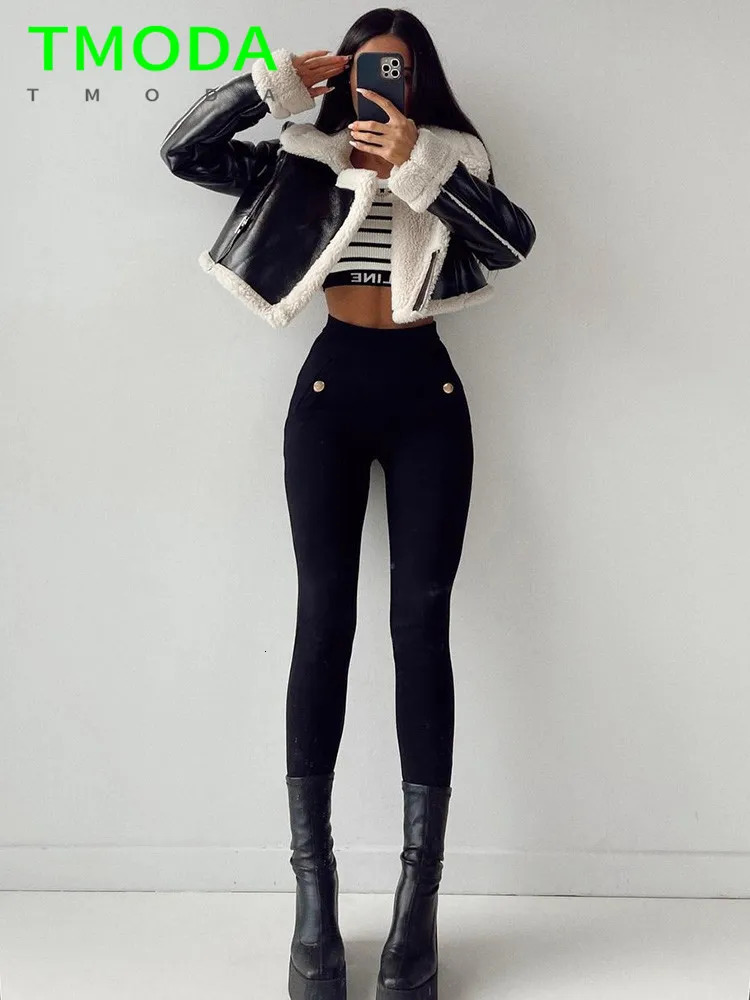 Womens Leather Faux T MODA Autumn Winter Women Thick Warm Shearling Short Jacket Ladies Vintage Coat Female Outerwear Chic Tops 231018