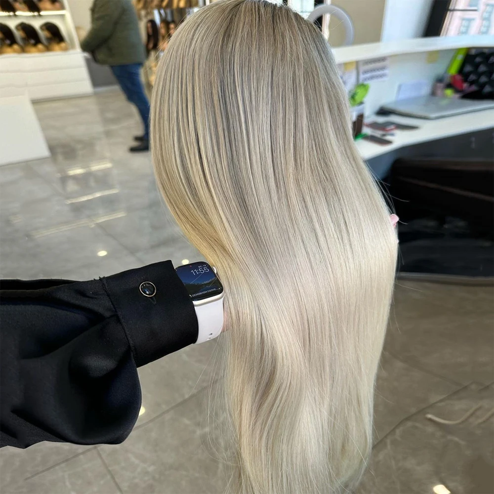 Free shipping Long Peruvian Soft Hair Highlight Full Front Wigs Light Ash Blonde Roots HD Transparent Lace Frontal Glueless Wig 200%