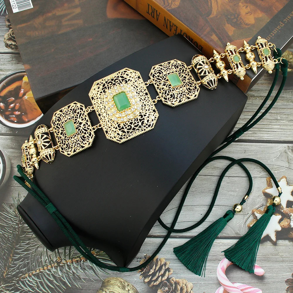 Other Fashion Accessories Sunspicems Morocco Hand Ropes Belt Gold Color Women Caftan Tassels Belt Hollow Arabesque Metal Waist Chain Bride Woven Jewel