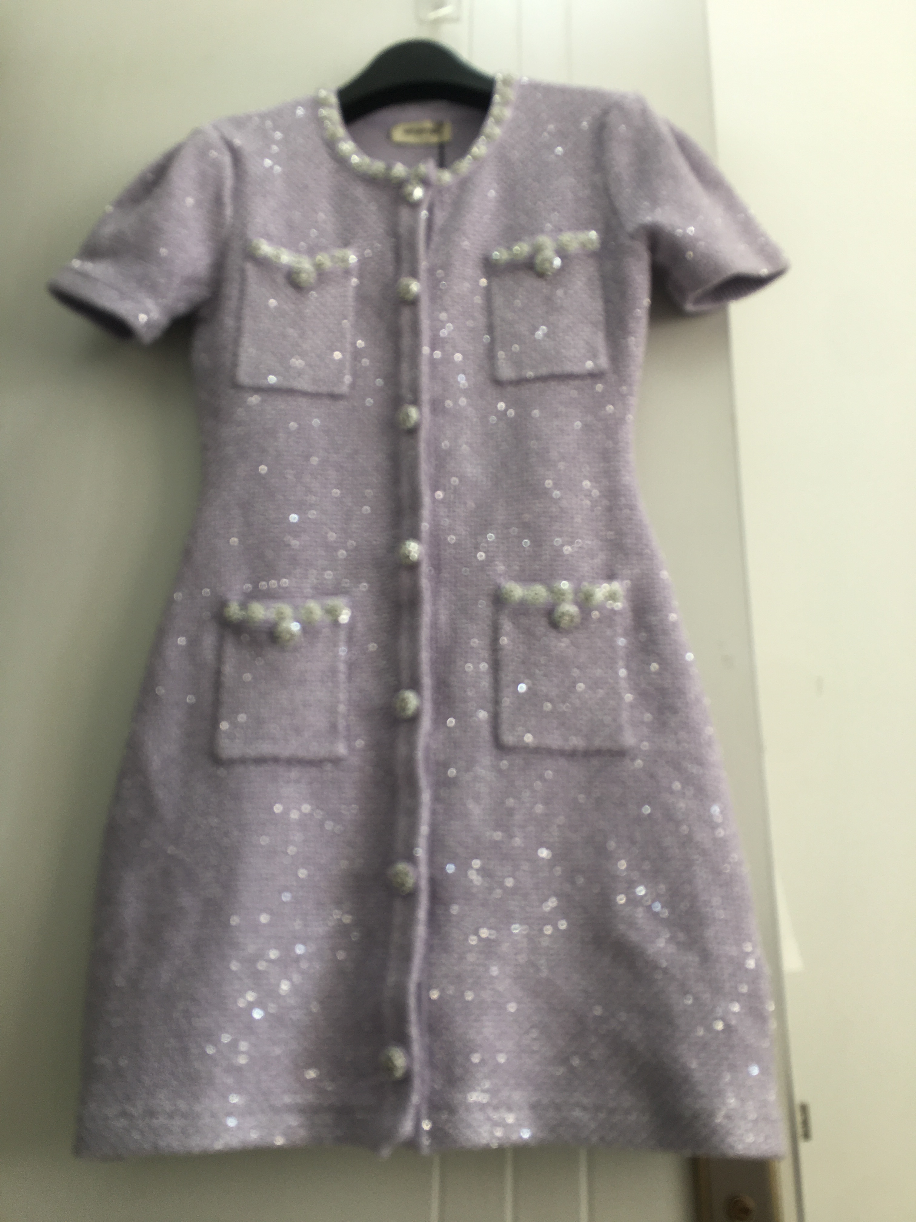 2024-Self Portrait sequin purple single-breasted Short sleeve knit dress