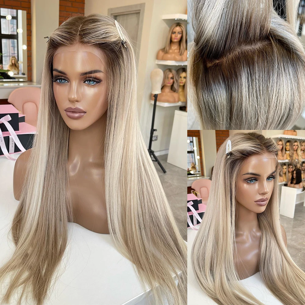 Free shipping Long Peruvian Soft Hair Highlight Full Front Wigs Light Ash Blonde Roots HD Transparent Lace Frontal Glueless Wig 200%