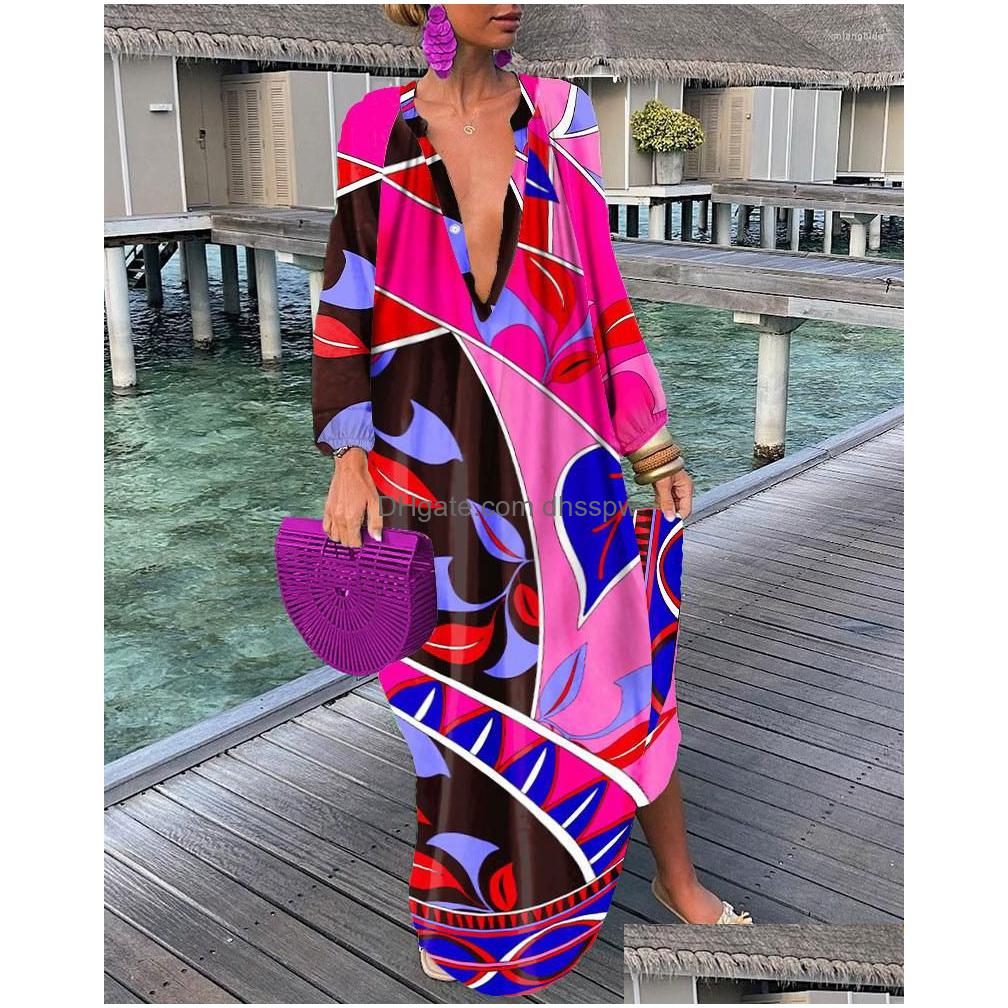 Casual Dresses Elegant Boho Shirt Dress For Women Clothing 2022 Spring Summer Vintage Oversized Print Long Midi Wholesale Drop Deliv