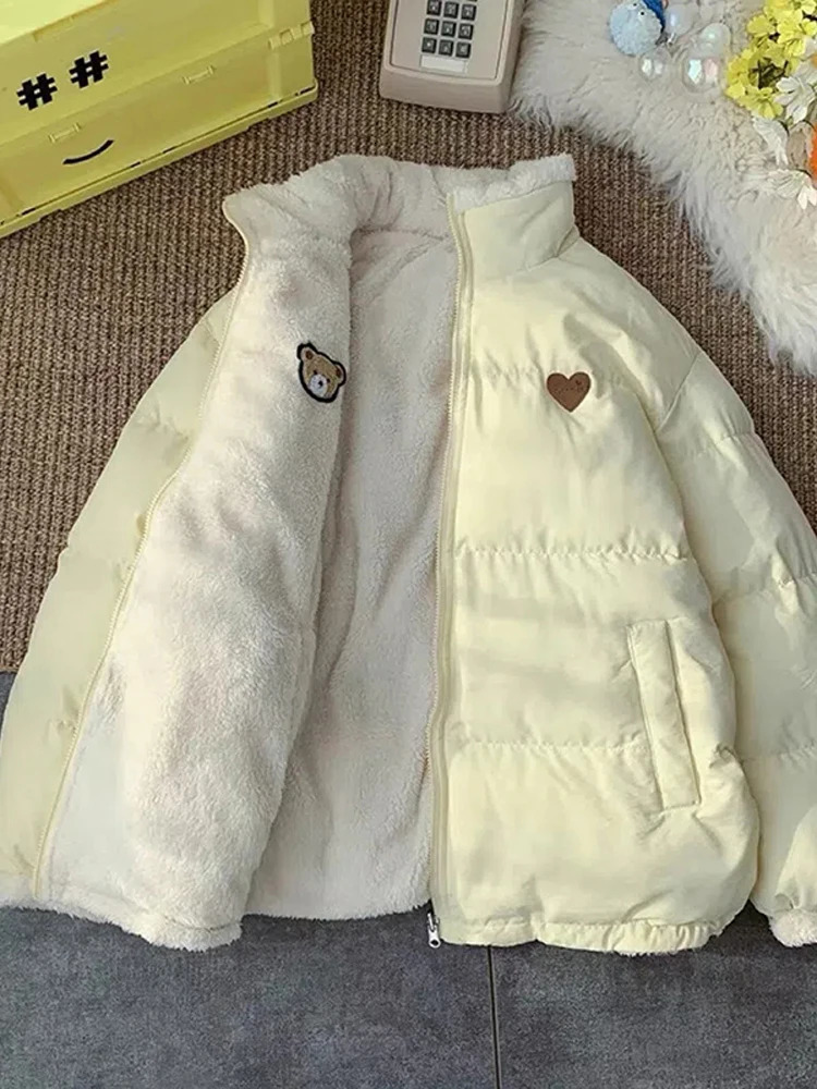 Women's Down Parkas Oversized Parka Korean Fashion Cute Embroidery Plush Coat Female Winter Casual Thicken Warm Two Side Wear Fleece Jacket 23101