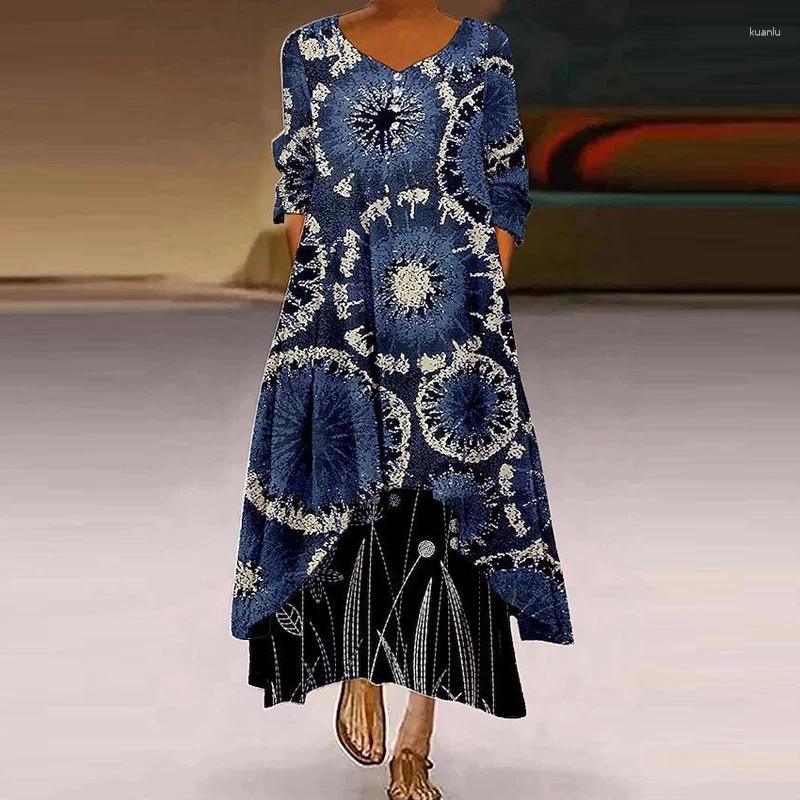 Casual Dresses Women Spring Printed Loose Bohemia Party Dress Female Pockets Irregularity Long SleevedDresses Ethnic Retro Harajuku