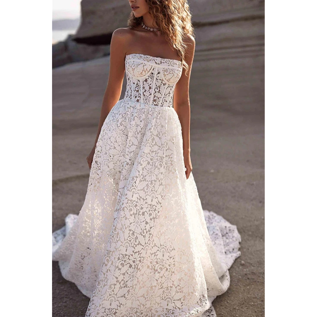 Strapless Vintage Lace Wedding Dresses Sleevless Appliques A e Bridal Gown Gorgerous Brides Dress Princess Robe De 328