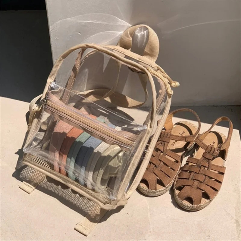Backpacks Korean Toddler Kids Backpack Snack Toy Storage Bag Solid Color Baby Travel PVC Jelly Summer Beach 231019