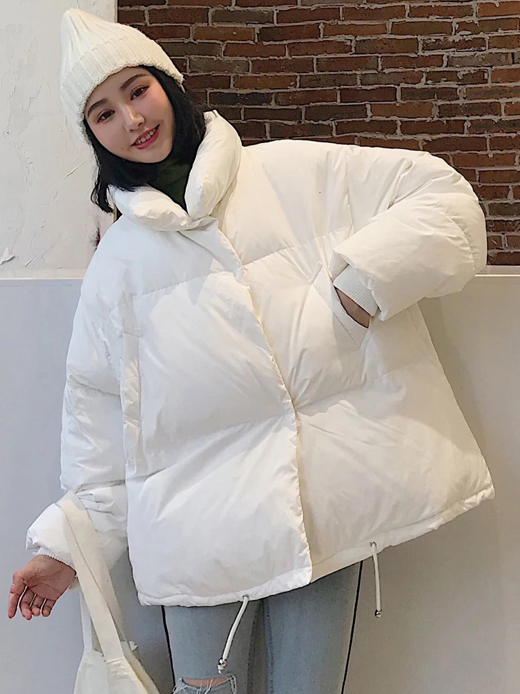 Women's Down Parkas Korean Style Winter Jacket Parka Stand Collar Solid Black White Female Coat Loose Oversized Womens Short 231018