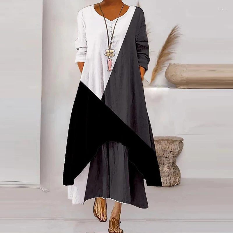 Casual Dresses Women Spring Printed Loose Bohemia Party Dress Female Pockets Irregularity Long SleevedDresses Ethnic Retro Harajuku