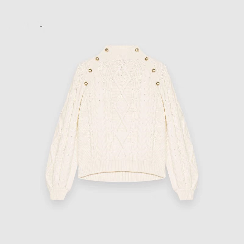 2023 Autumn/Winter New Commuter M Family Lazy Stand Neck Shoulder Buckle White Thread Loose Knitted Sweater