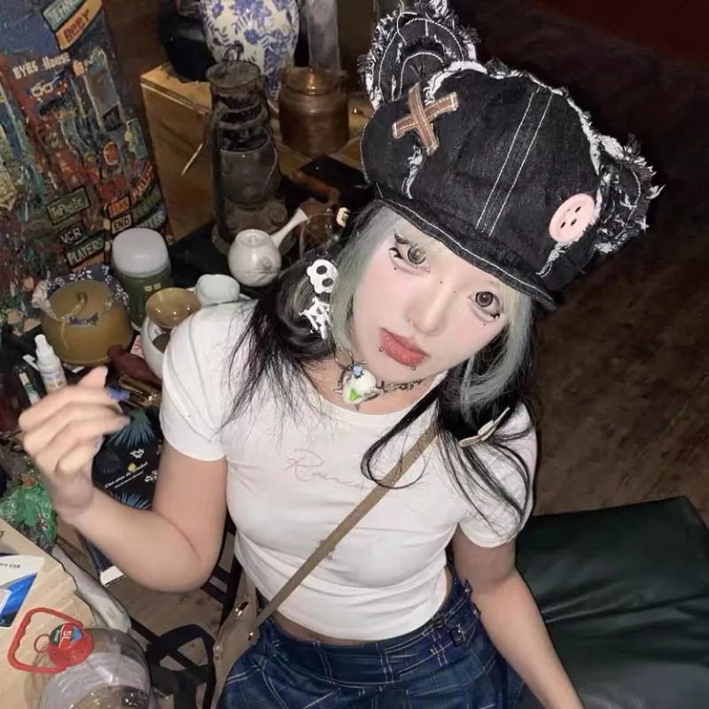 Berets Y2k Japanese Harajuku Cute Bear Ear Hat for Women Girls Vintage Washed Denim Berets Boina Mujer Chic Streetwear Gorras 231018