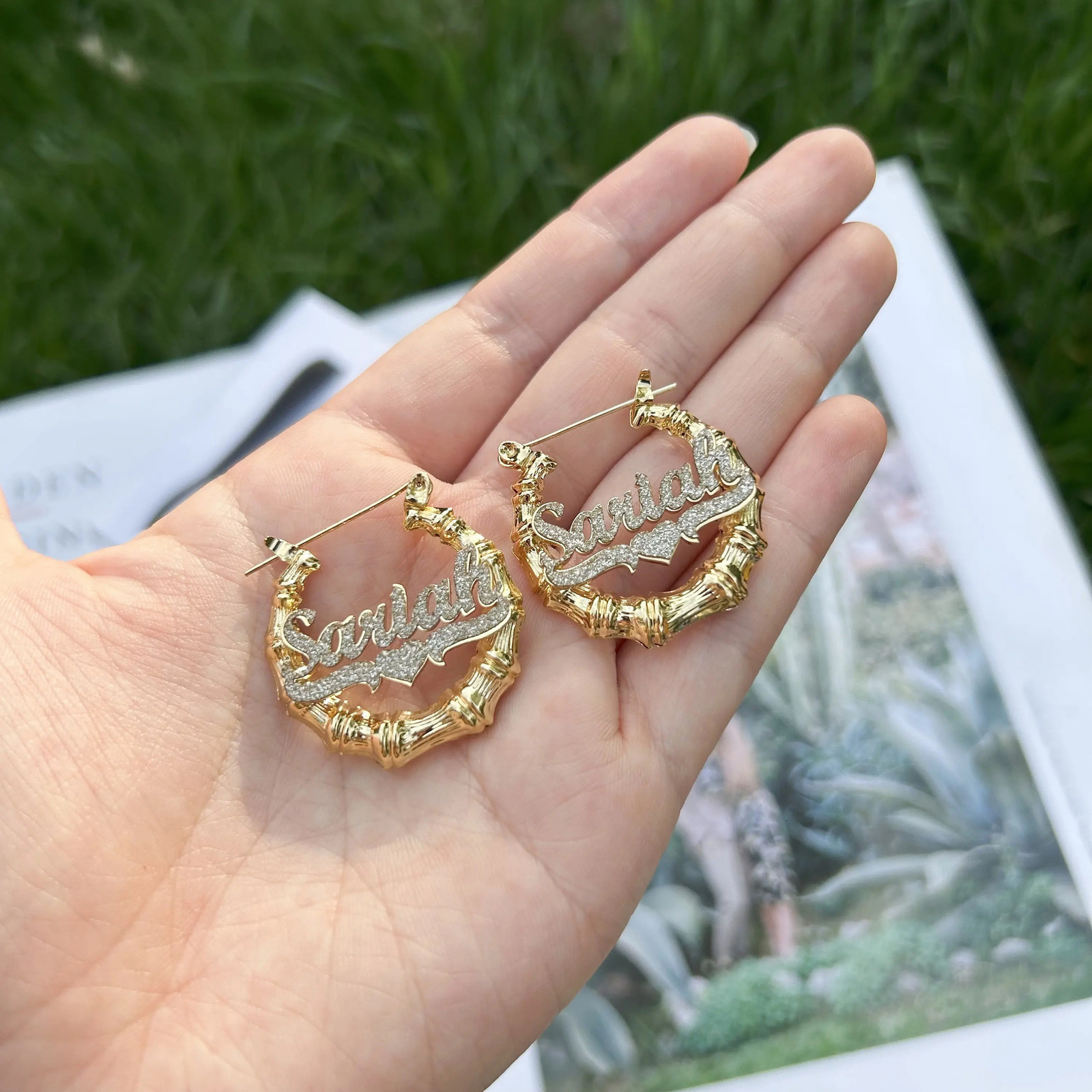 Hoop Huggie 30mm Mini Hoop Earrings For Kids Custom Bling Name Earrings Personalized Nameplate Bamboo Earrings Toddler Girl Gift 231018