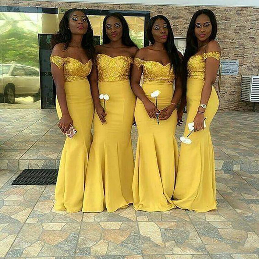 2023 Charming Yellow Lace Bridesmaid Dresses Cap Sleeves Mermaid Satin Floor Length Modest Formal Prom Bridesmaids Gowns