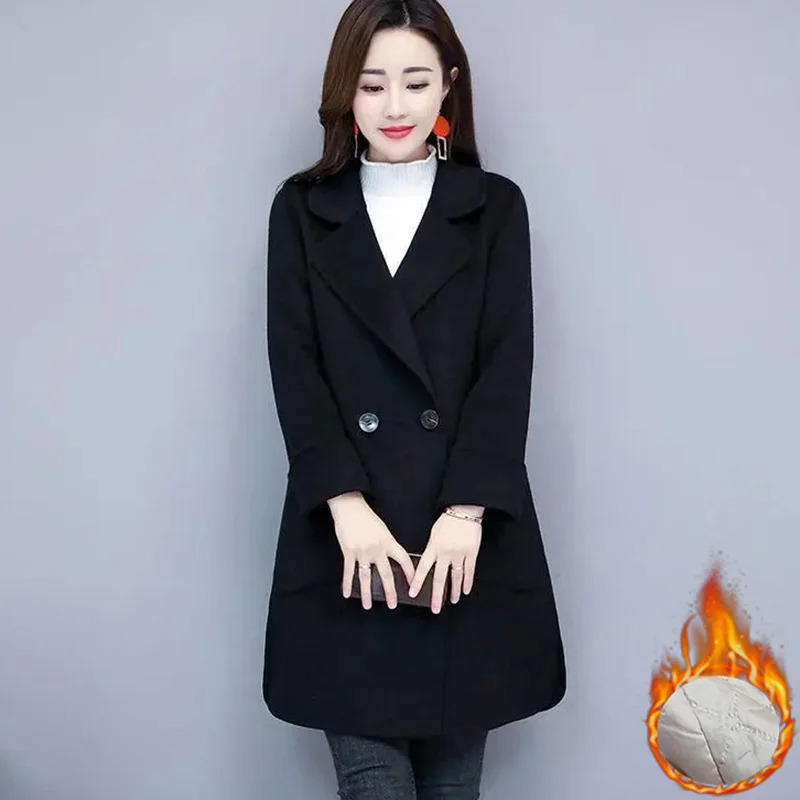 Womens Wool Blends Elegant Thick Warm Mid Length Woolen Coat Winter Loose Slim Onebutton Outerwear Solid Color Allmatch Streetwear Women 231019