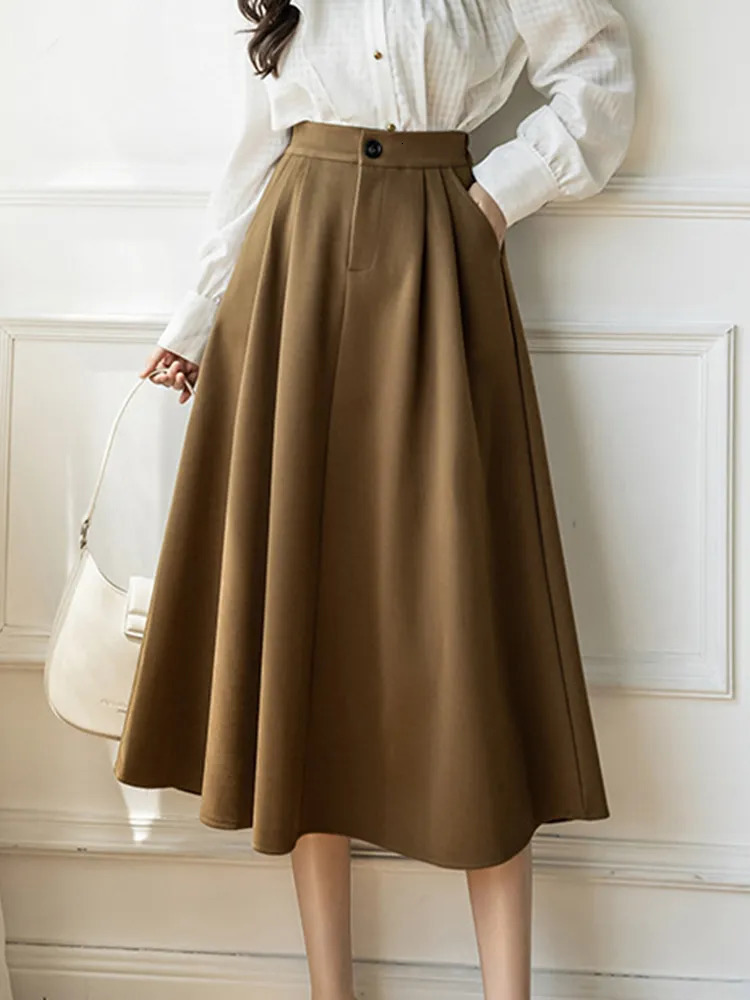 Skirts Autumn Winter Midi Skirt Women Korean ALine Female Elegant Thick Office Lady Casual Loose Elastic Waistband 231019