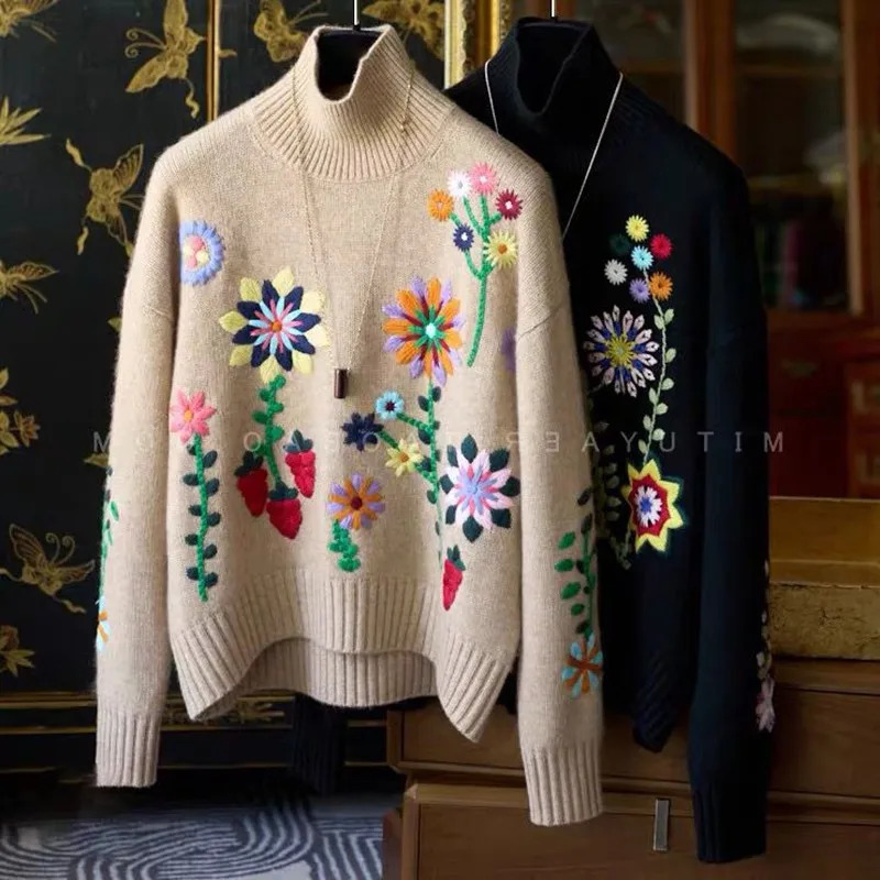 Women's Sweaters Arrival Autumn Winter Women Loose Fit Casual Turtleneck Long Sleeve Pullover Floral Embroidery Knitted Sweater D381 231019