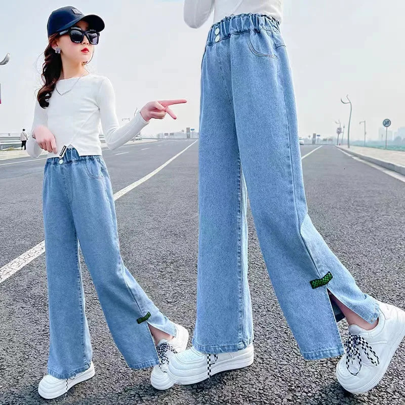 Jeans Autumn Girls Jeans For Girl Teenage Elastic High Waist Denim Wide Leg Pants Kids Straight Trousers Children Ripped Jeans 231019