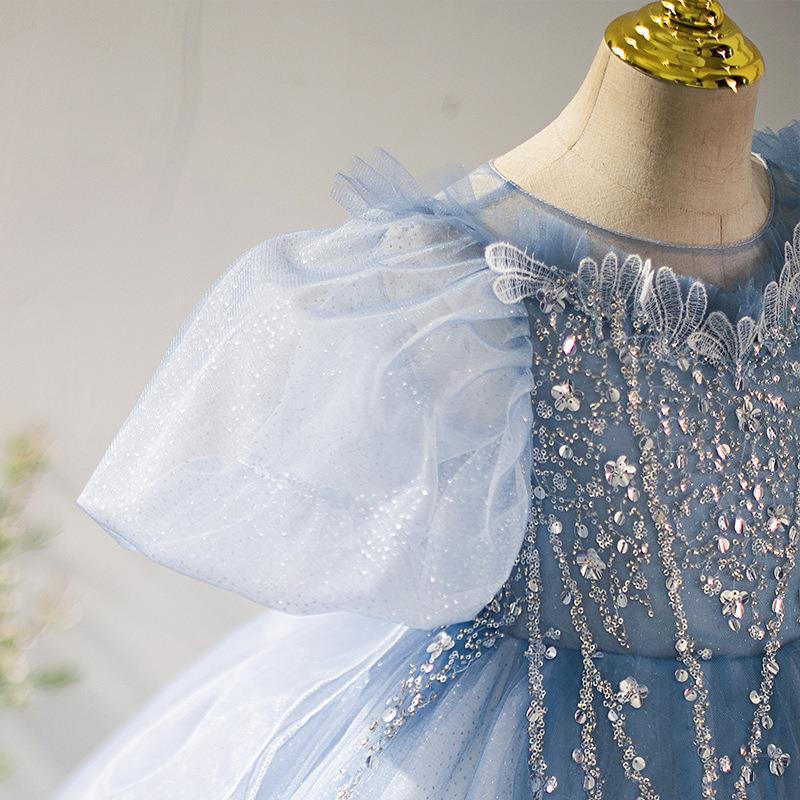 2023 Blue Sheer Neck Flower Girl Dresses Ball Gown Sequined Lace Tulle Vintage Little Girl Peageant Dress Gowns ZJ416