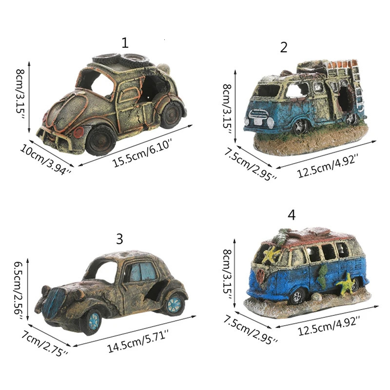 Decorations Resin Wreck Car Ornament Fish Shrimp Hiding Cave Shelter Broken Vehicle House Fish Tank Aquarium Landscaping Decorate Accessory 231019