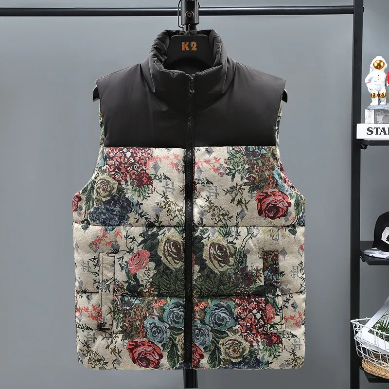 Men's Vests 3686 Winter Vintage Vest Coat Men Down Cotton Slim Printed Sleeveless Jacket Warm Thick Zipper Waistcoat Plus Size 4XL 5XL 231018