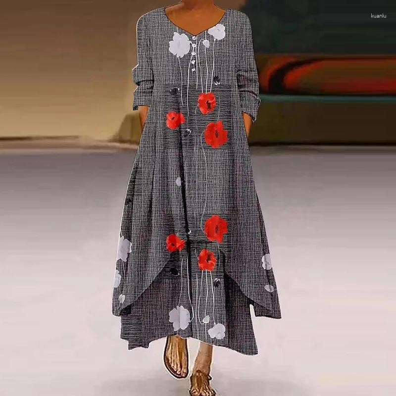Casual Dresses Women Spring Printed Loose Bohemia Party Dress Female Pockets Irregularity Long SleevedDresses Ethnic Retro Harajuku
