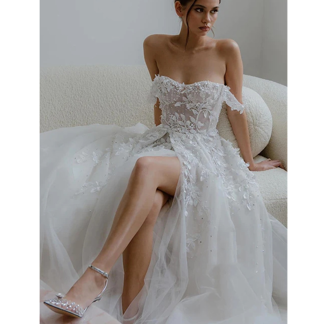 Off The Shoulder Wedding Dress Beach Women Lace Appliques V-Neck A-Line Bridal Gown Tulle Vestidos De Novia