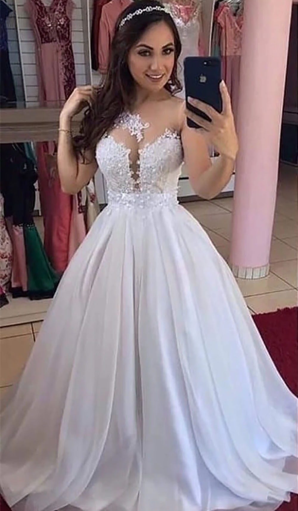 Wedding Dresses White Bridal Gowns Chiffon Ivory O-Neck New Zipper Plus Size Custom Lace Up Floor-Length Sleeveless A Line Illusion Two Pieces
